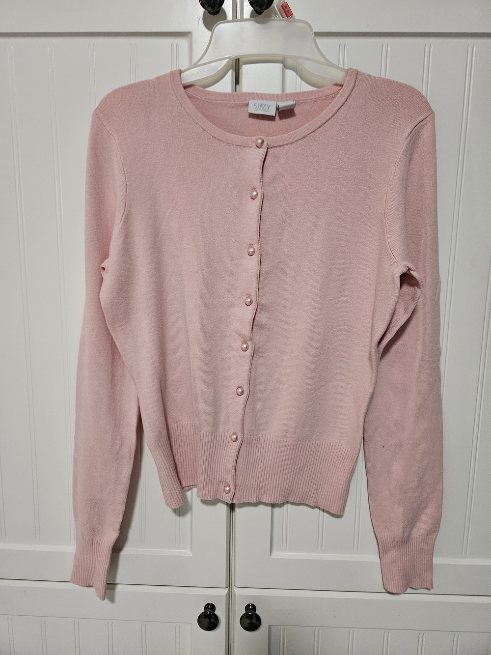 Womens Pink Pearl-Button Cardigan Sweater